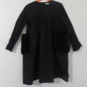 Like New Carbon Soldier Black Taffeta Dress with Faux Fur Pockets + Back Buttons